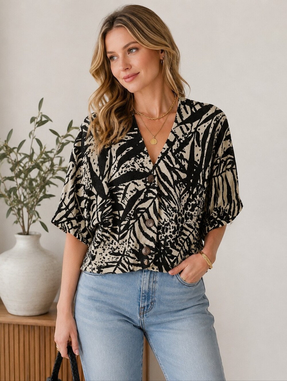Coldwater Creek Cardigan XS Black Cream Tropical Button Front Boho